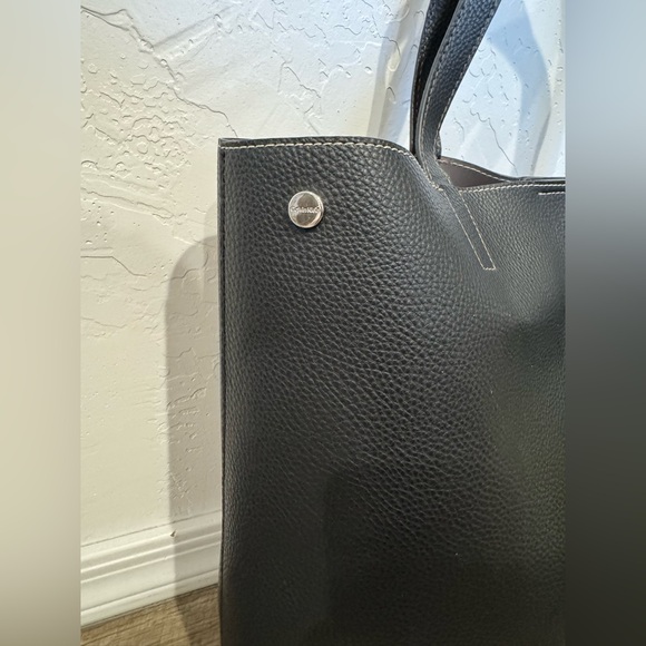 Calvin Klein Solid Black Pebbled Leather Tote Bag w/ Scarf Keychain - Picture 3 of 9